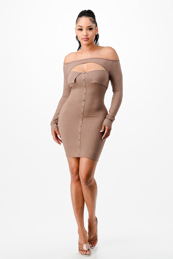Women's Ribbed Off-Shoulder Cutout Button Front Mini Dress