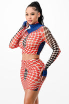 Women's Printed Mesh Long Sleeve Crop Top & Mini Skirt Set - photo 2