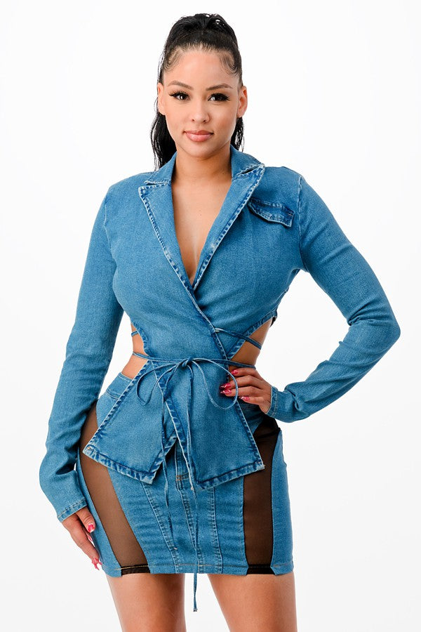 Women's Tie-Front Long Sleeve Denim Crop Shirt