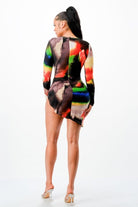 Women's Abstract Print Long Sleeve Plunge Mini Dress - photo 3