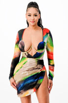 Women's Abstract Print Long Sleeve Plunge Mini Dress - photo 4