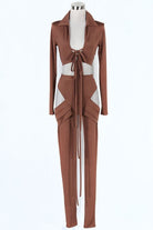 Women's Tie Front Long Sleeve Crop Top & Cutout Pants Set - photo 2