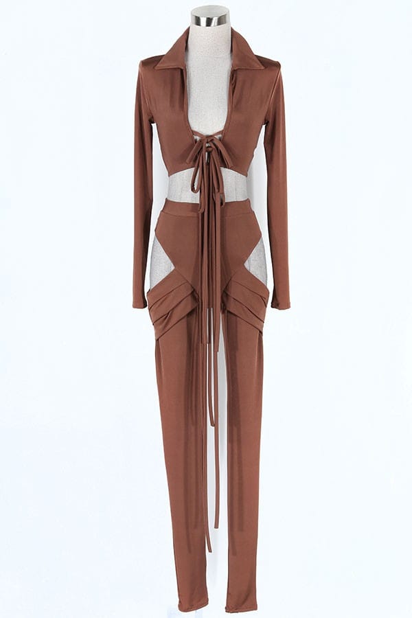 Women's Tie Front Long Sleeve Crop Top & Cutout Pants Set - photo 2