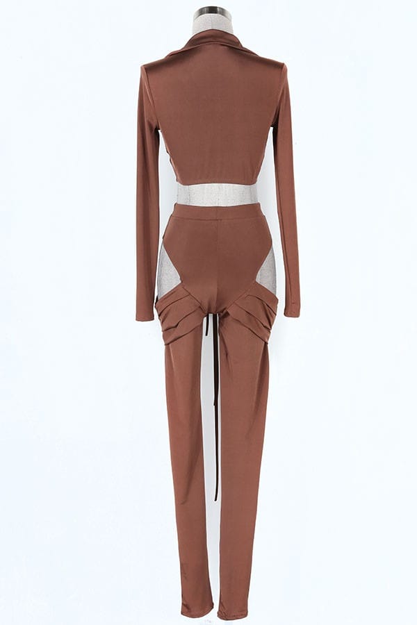 Women's Tie Front Long Sleeve Crop Top & Cutout Pants Set - photo 4