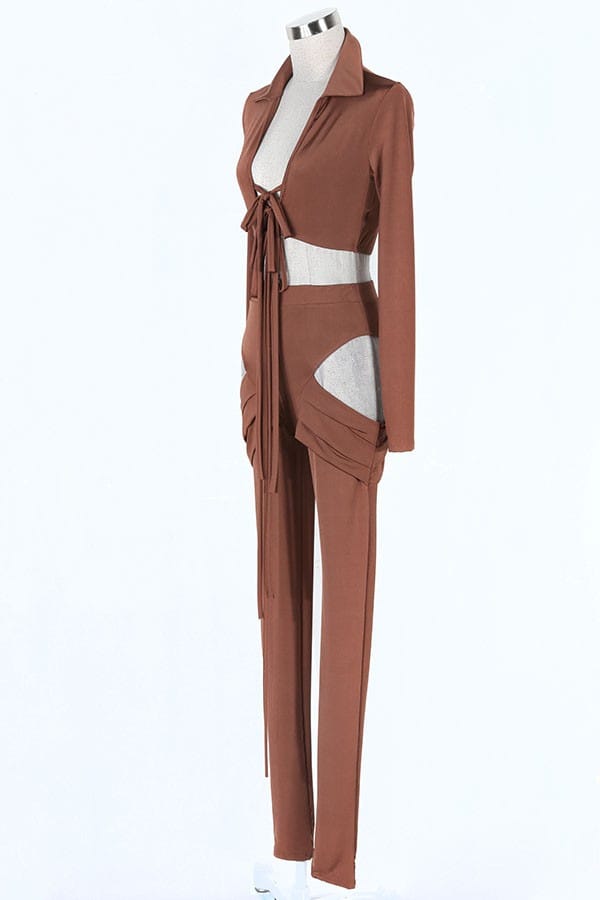 Women's Tie Front Long Sleeve Crop Top & Cutout Pants Set - photo 3