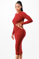 Women's Ribbed Long Sleeve Cutout Waist Midi Dress - photo 2