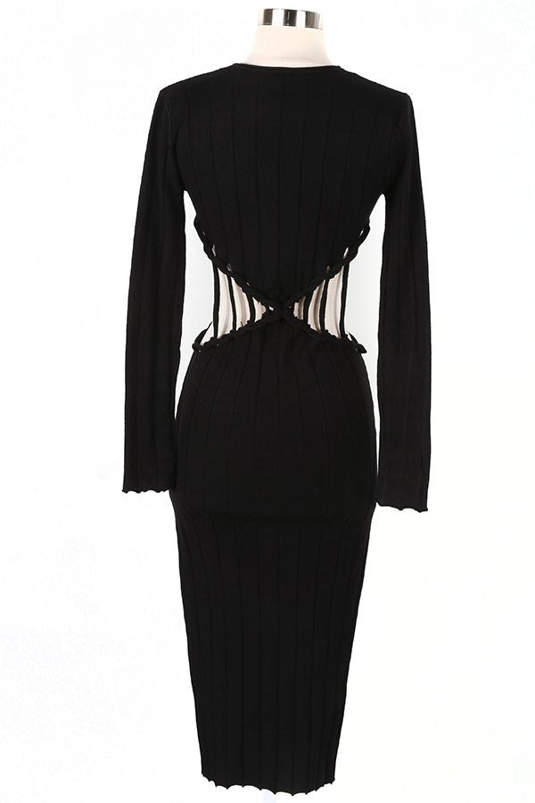 Women's Ribbed Long Sleeve Cutout Waist Midi Dress - photo 3