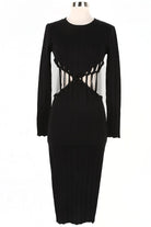 Women's Ribbed Long Sleeve Cutout Waist Midi Dress