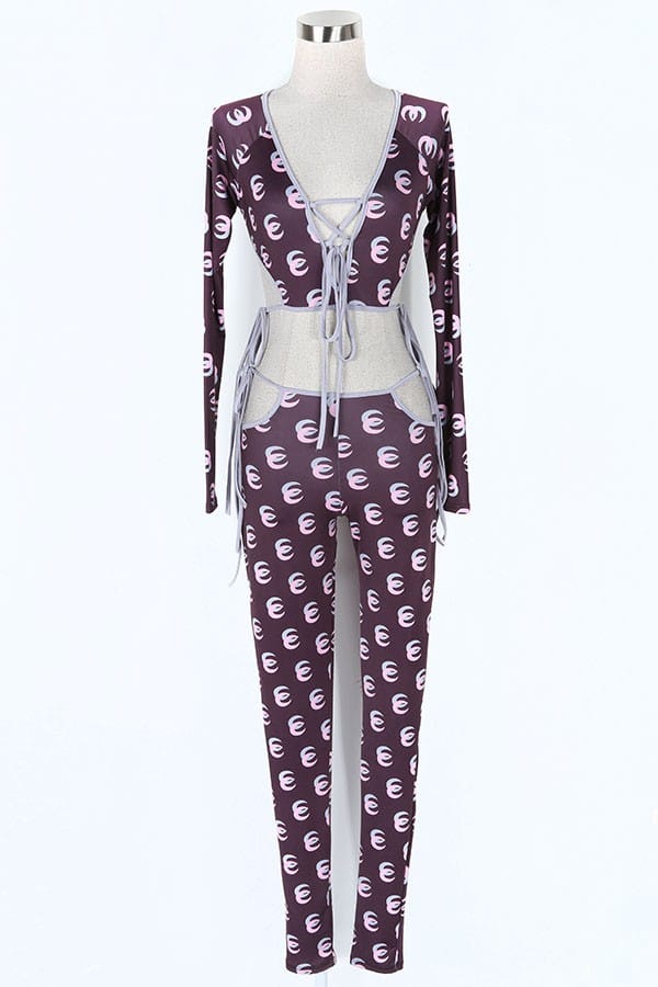 Women's Printed Mesh Long Sleeve Jumpsuit