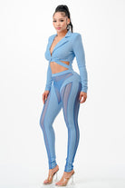 Women's Long Sleeve Crop Top & Sheer Mesh Panel Pants Set - photo 2