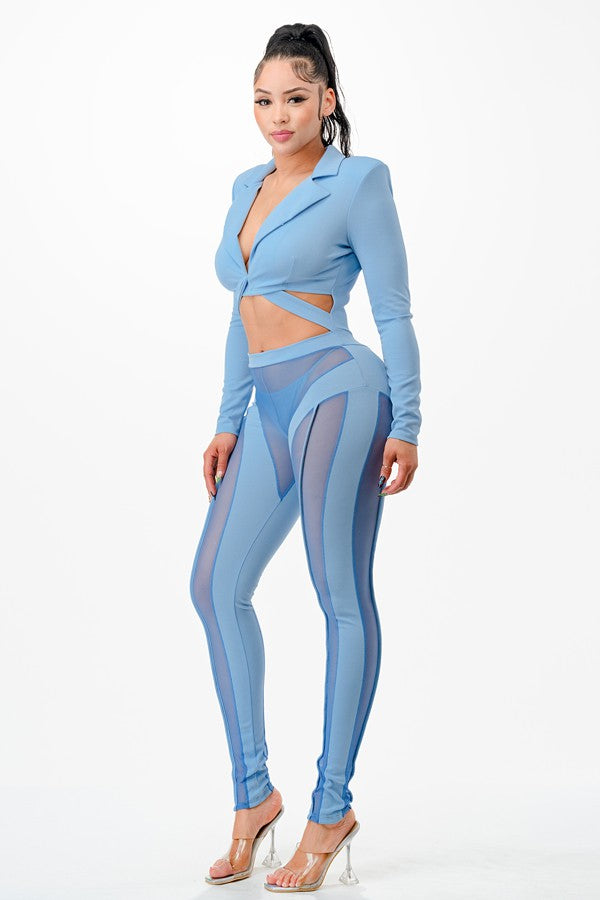 Women's Long Sleeve Crop Top & Sheer Mesh Panel Pants Set - photo 2