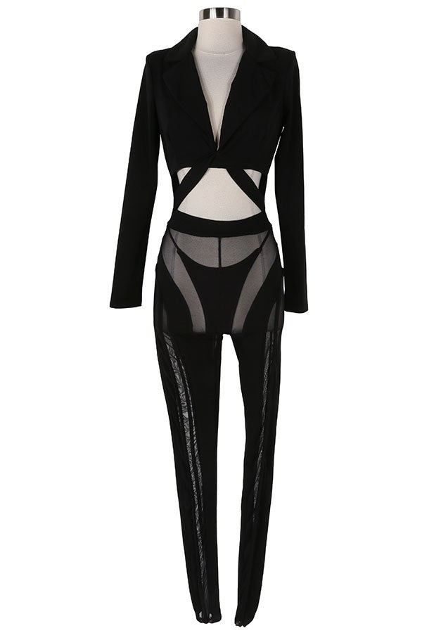 Women's Long Sleeve Crop Top & Sheer Mesh Panel Pants Set