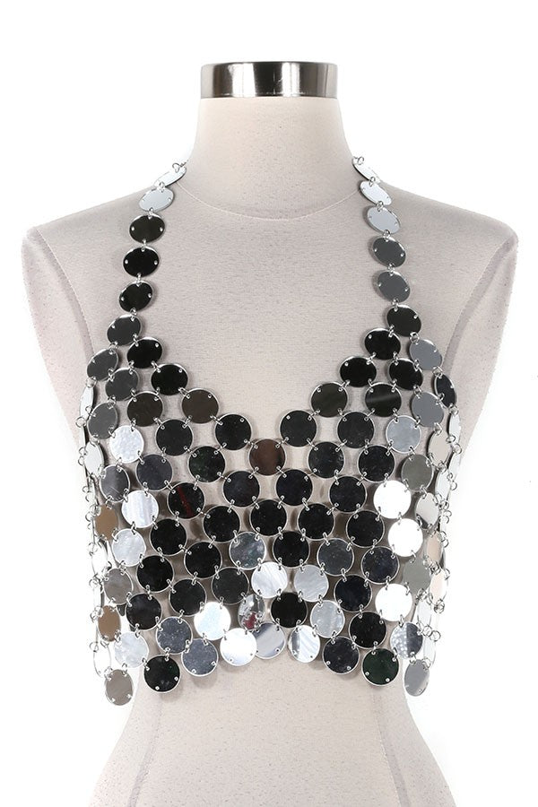 Women's Sequin Disc Halter Chain Crop Top