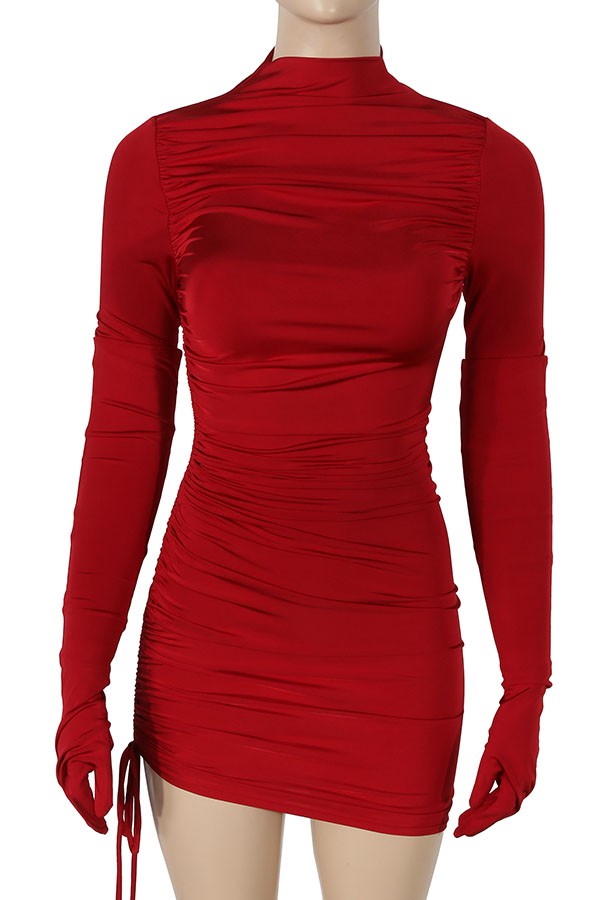 Women's Mock Neck Long Sleeve Ruched Mini Dress with Gloves