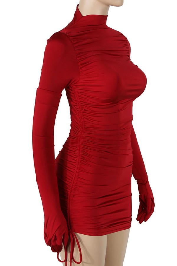 Women's Mock Neck Long Sleeve Ruched Mini Dress with Gloves - photo 2