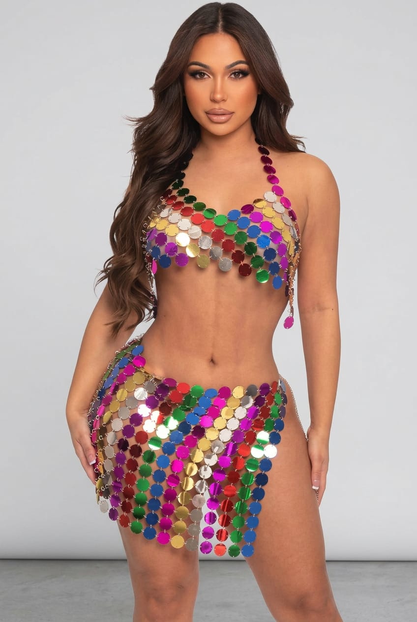 Women's Rainbow Sequin Disc Halter Top & Mini Skirt Set