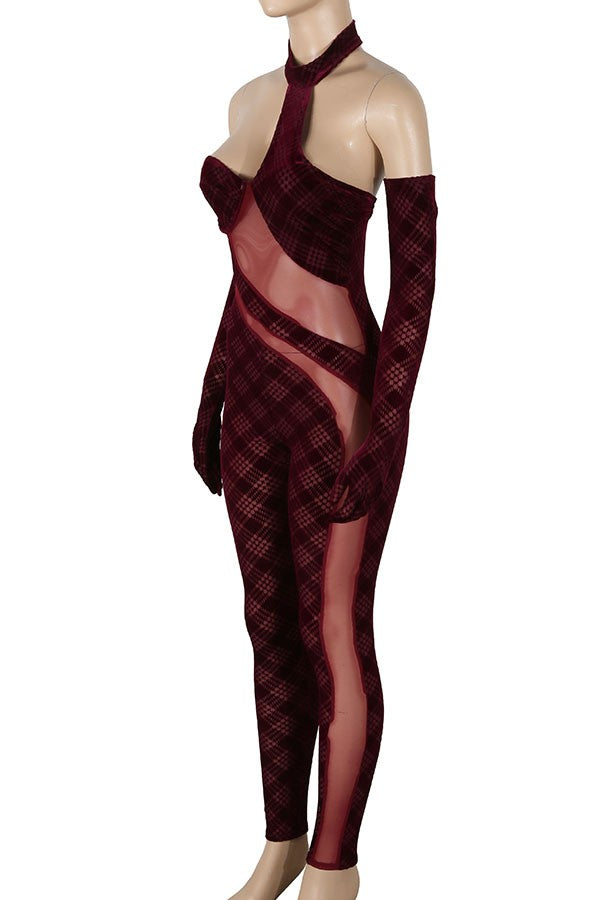 Women's Velvet Halter Cold Shoulder Sheer Panel Jumpsuit - photo 2