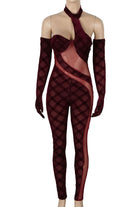 Women's Velvet Halter Cold Shoulder Sheer Panel Jumpsuit