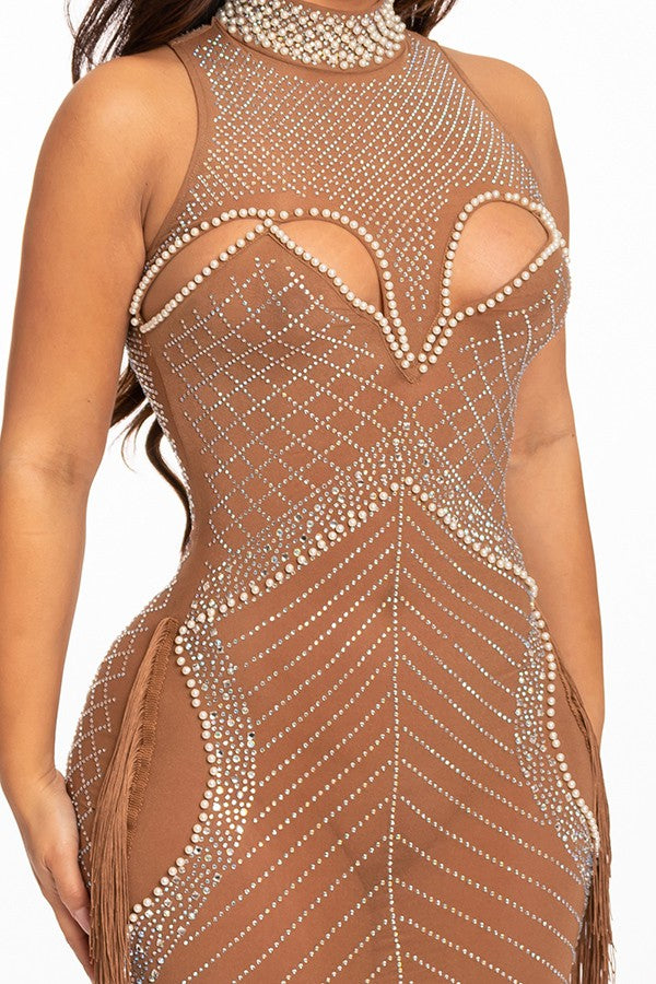 Women's taupe rhinestone mesh halter mini dress - photo 4