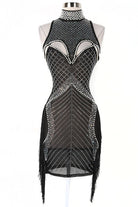 Women's black rhinestone mesh halter mini dress