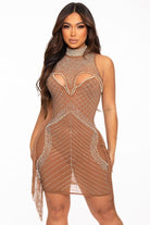 Women's taupe rhinestone mesh halter mini dress