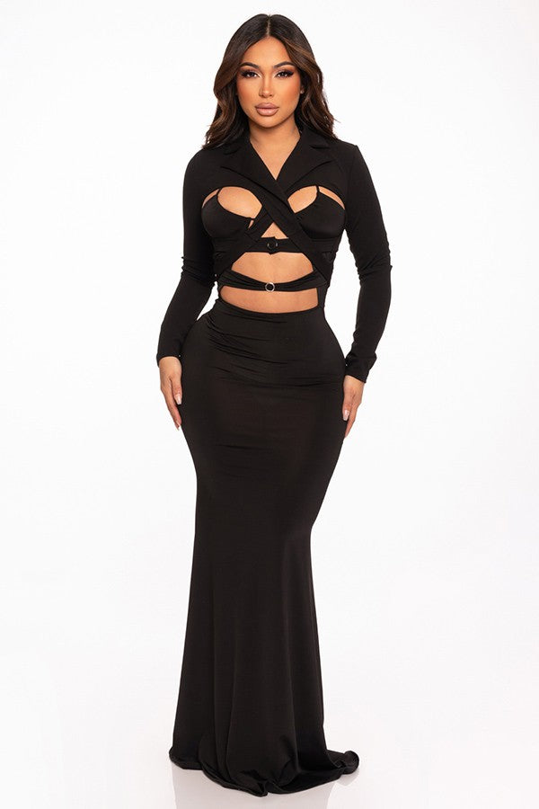 Women's Long Sleeve Cutout Wrap Crop Top & Maxi Skirt Set
