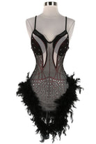 Women's black rhinestone corset feather hem mini dress