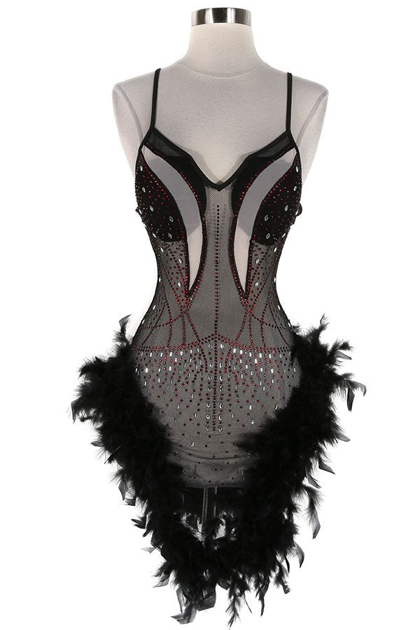 Women's black rhinestone corset feather hem mini dress