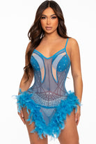 Women's turquoise rhinestone corset feather hem mini dress