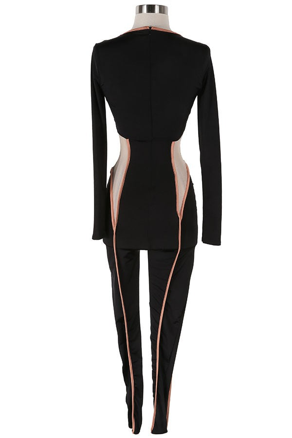 Women's Contrast Trim Crisscross Cutout Long Sleeve Jumpsuit - photo 3