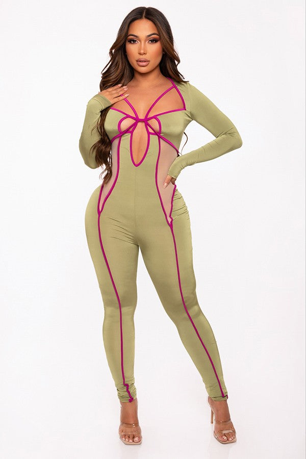 Women's Contrast Trim Crisscross Cutout Long Sleeve Jumpsuit