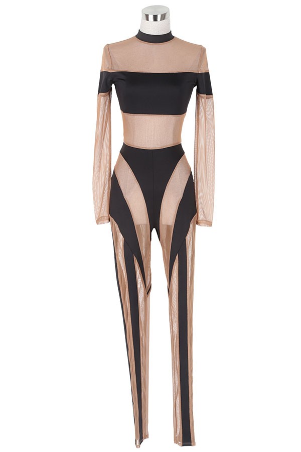 Women's Off-Shoulder Short Sleeve Mesh Panel Jumpsuit