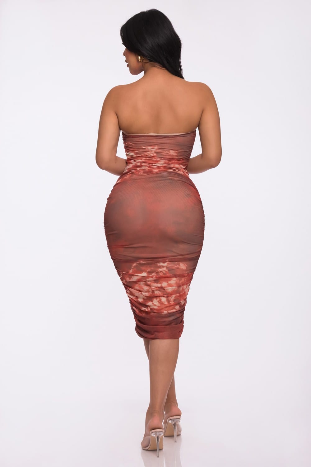 Women's Rust Muse Print Printed Mesh Tube Ruched Midi Dress – back view