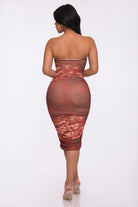 Women's Rust Muse Print Printed Mesh Tube Ruched Midi Dress – back view