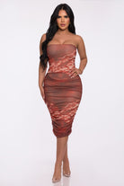 Women's Rust Muse Print Printed Mesh Tube Ruched Midi Dress – front view