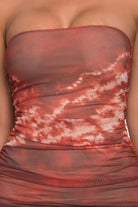 Women's Rust Muse Print Printed Mesh Tube Ruched Midi Dress – detail view