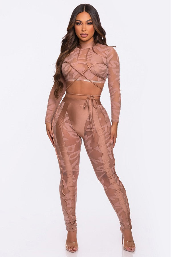 Women's Lace Long Sleeve Crop Top & Leggings Set