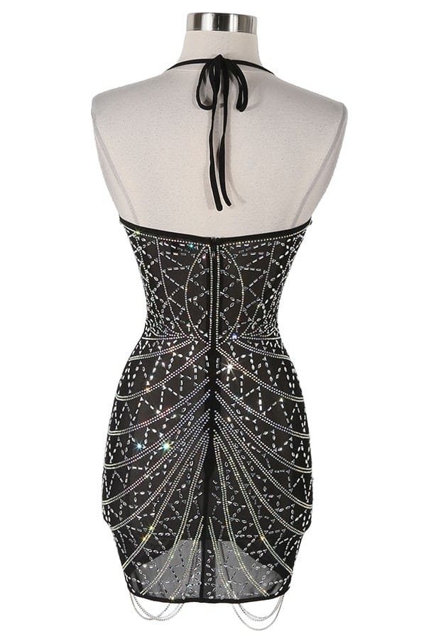 Women's black rhinestone mesh plunge mini dress - photo 3