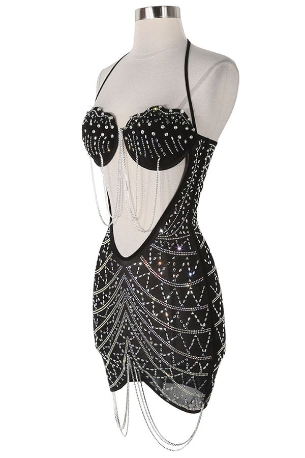 Women's black rhinestone mesh plunge mini dress - photo 2