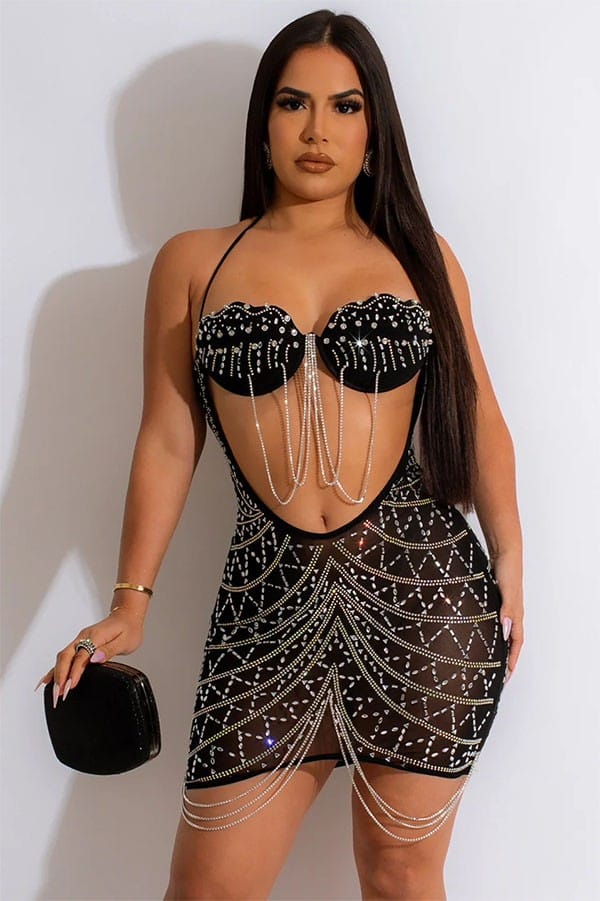 Women's black rhinestone mesh plunge mini dress