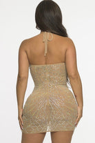 Women's taupe rhinestone mesh plunge mini dress - photo 3