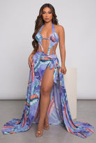Women's Printed Halter Bikini & Maxi Skirt Cover-Up Set