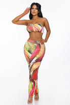 Women's Ivory Tropical Escape Print Bandeau Open Slit Skirt Two Piece Set – side view