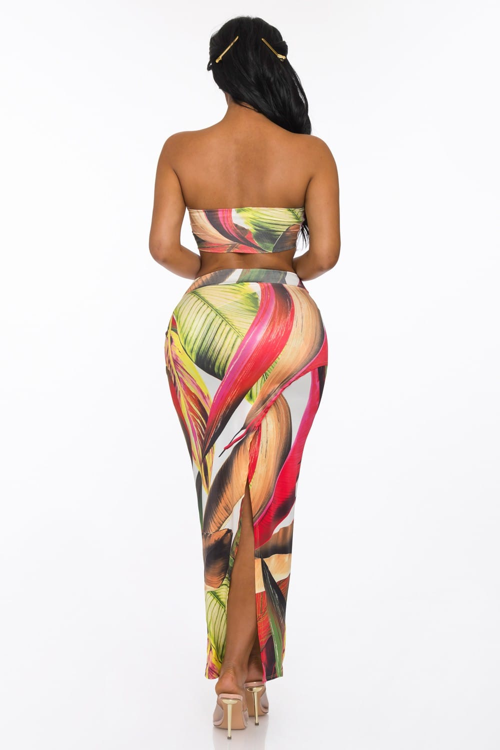 Women's Ivory Tropical Escape Print Bandeau Open Slit Skirt Two Piece Set – back view