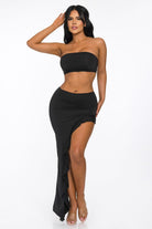 Women's Black Cascade Allure Tube Top Asymmetrical Ruffle Maxi Skirt Set – side view