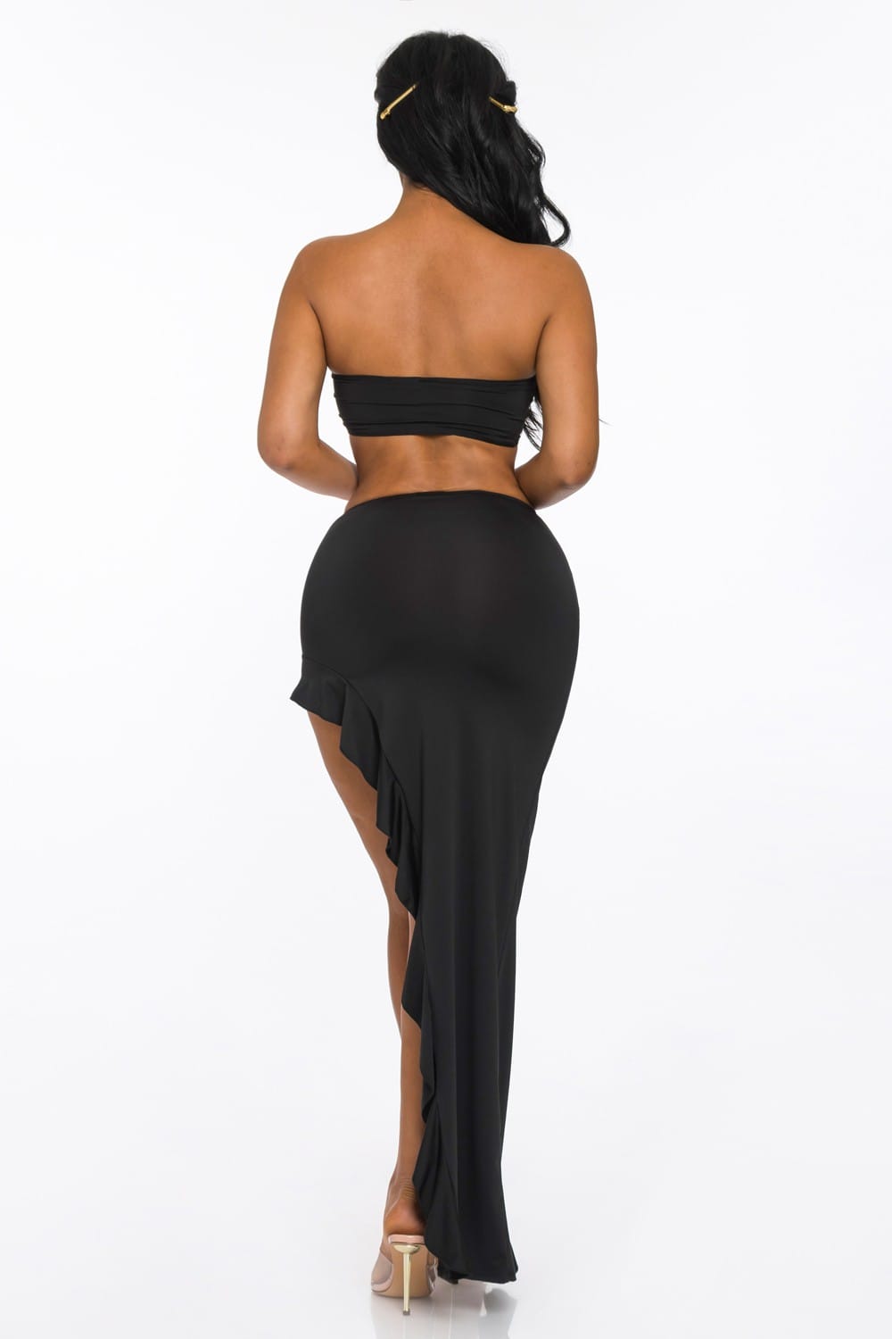 Women's Black Cascade Allure Tube Top Asymmetrical Ruffle Maxi Skirt Set – back view