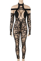 Women's Printed Mesh Halter Cutout Long Sleeve Jumpsuit