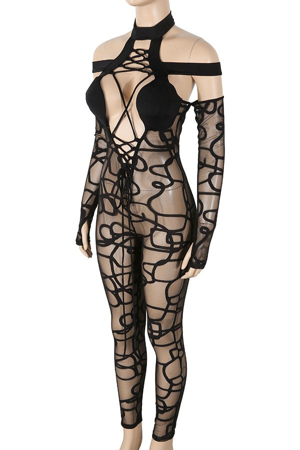 Women's Printed Mesh Halter Cutout Long Sleeve Jumpsuit - photo 2