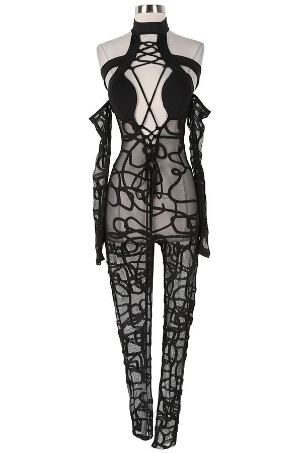 Women's Printed Mesh Halter Cutout Long Sleeve Jumpsuit - photo 4