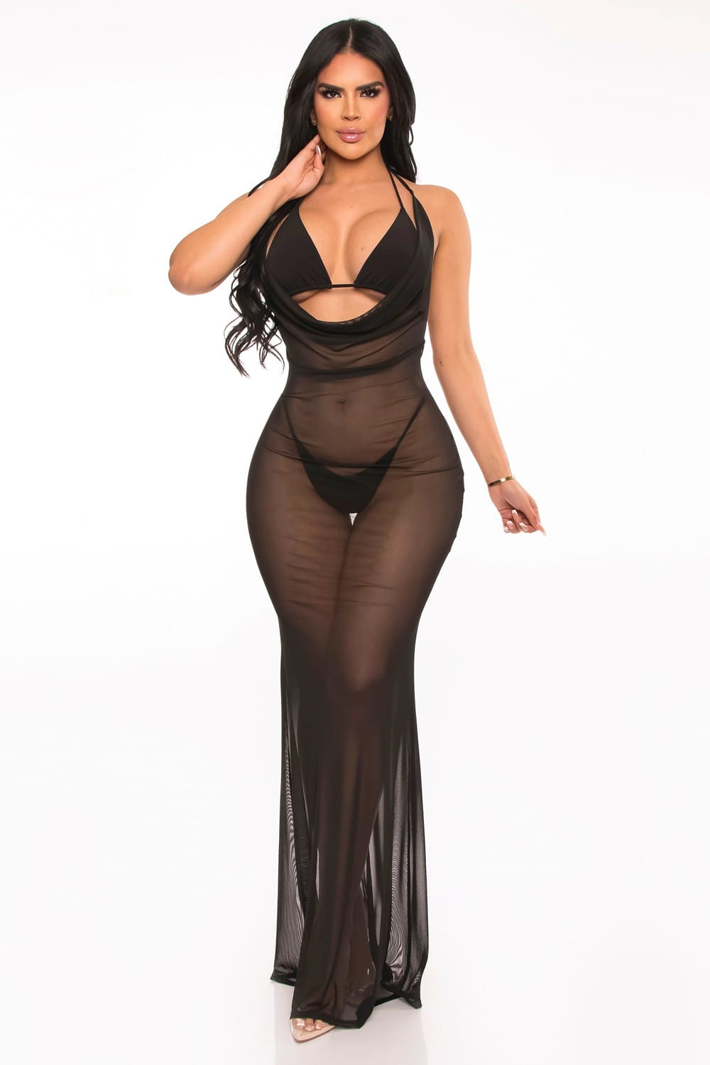 Women's Off-White Oasis Veil Sheer Mesh Dress Bra and Pants Resort Cover Up – detail view